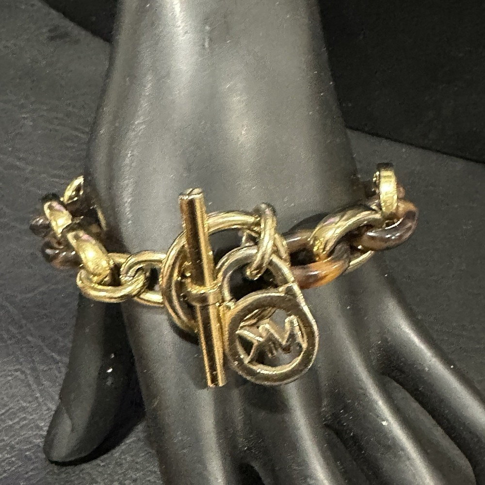 Michael Kors Vintage Y2K Logo MK Bracelet Gold Tone Tortoise Acrylic Chunky Link